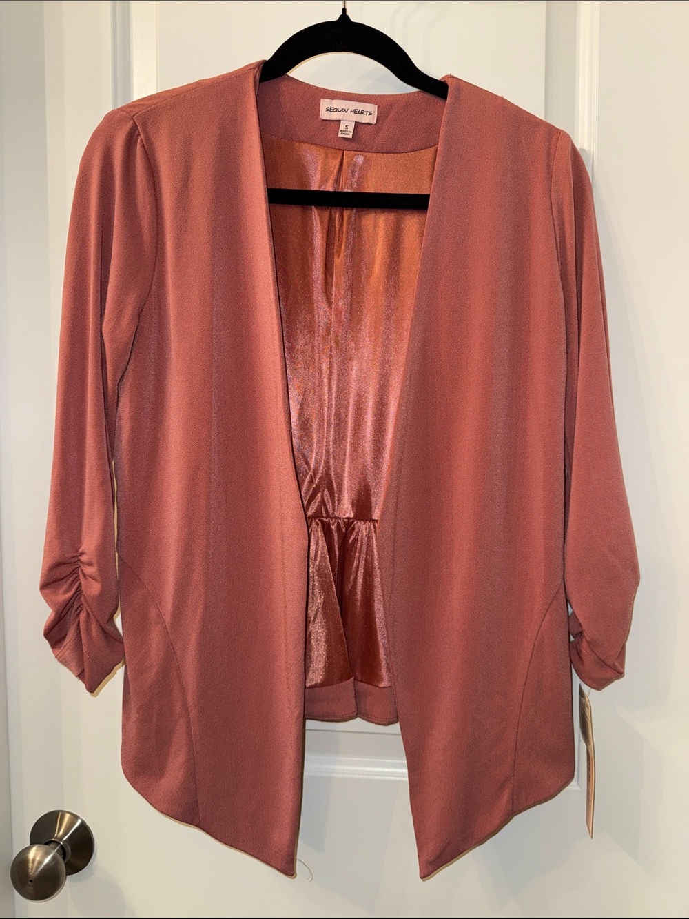 Sequin Hearts Open-Front Blouse in Dusty Rose